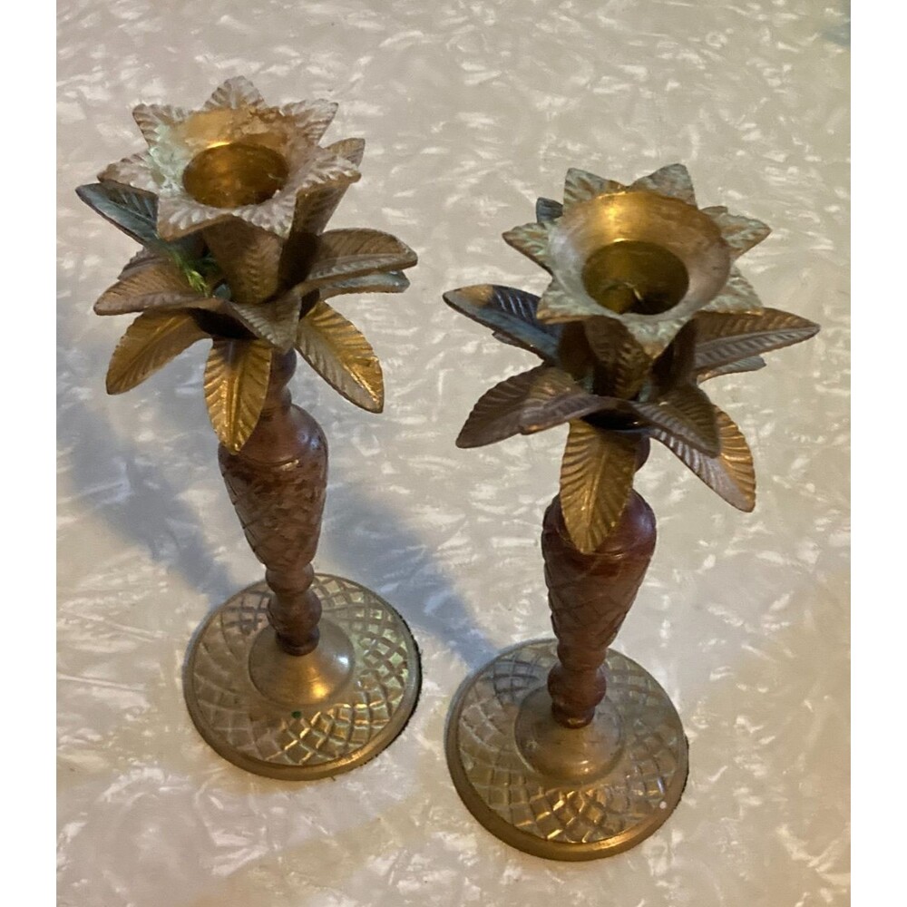 VINTAGE Palm Tree Wooden Metal Candle Holders x 2